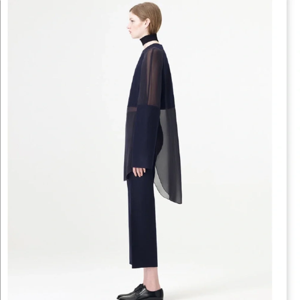 COS Silk Chiffon Top with Bonded Wool Panels in Navy - Picture 5 of 10